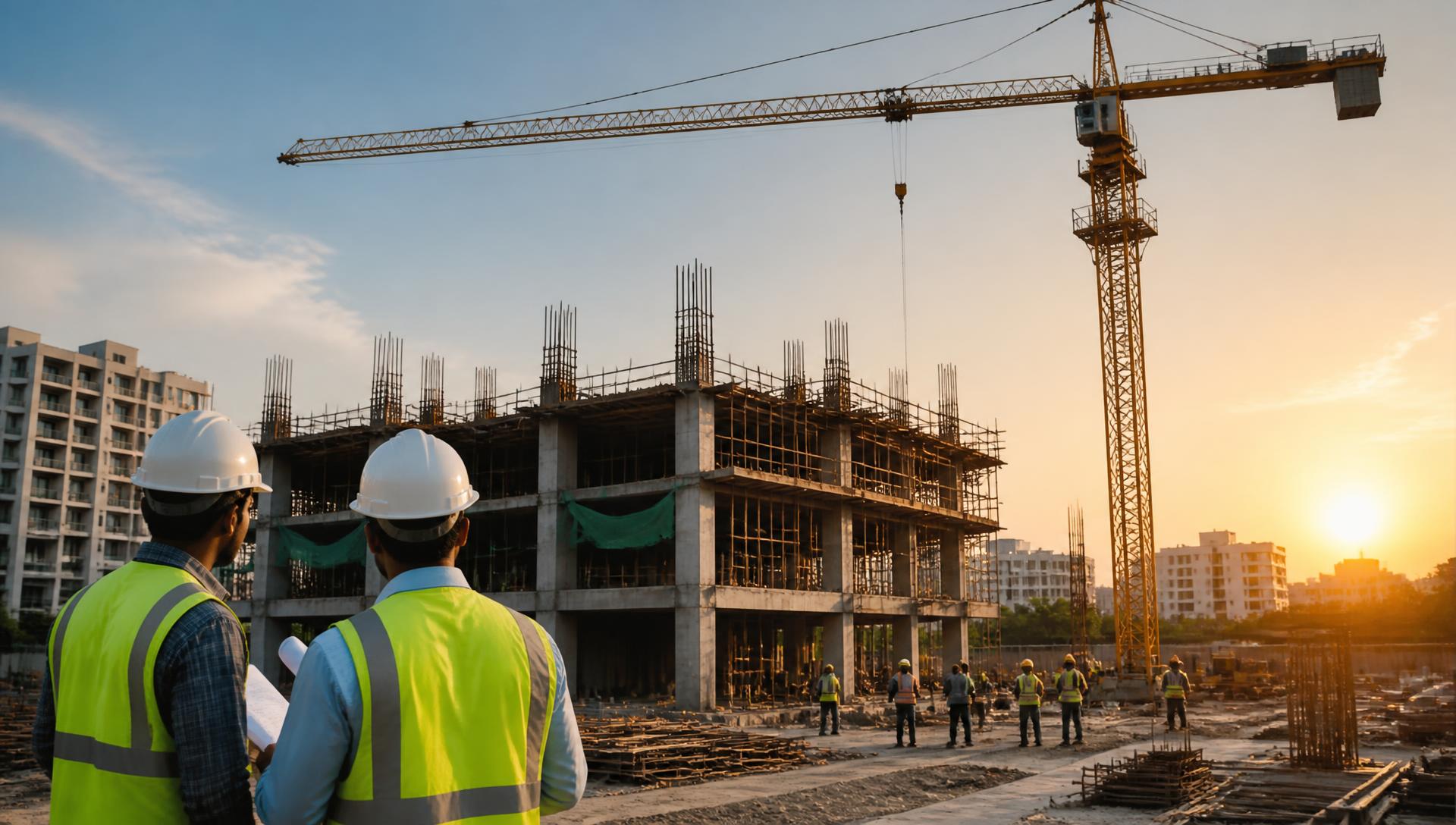 Multi-storey building under construction with a tower crane at sunset